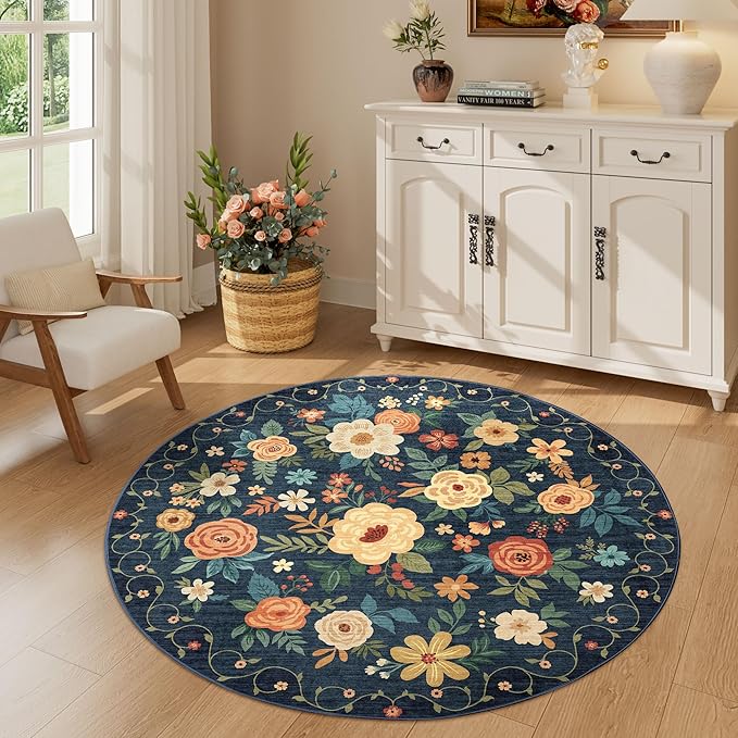 DUKINO Floral Round Rug, 4ft Washable Circle Rug, Non Slip Indoor Low Pile Circle Rug, Soft Small Boho Design Carpet for Bedroom, Entryway, Living Room, Dining Room, Dark Blue