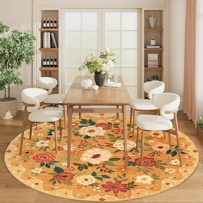 DUKINO Floral Round Rug, 6ft Washable Circle Rug, Non Slip Indoor Low Pile Circle Rug, Soft Small Boho Design Carpet for Bedroom, Entryway, Living Room, Dining Room, Orange
