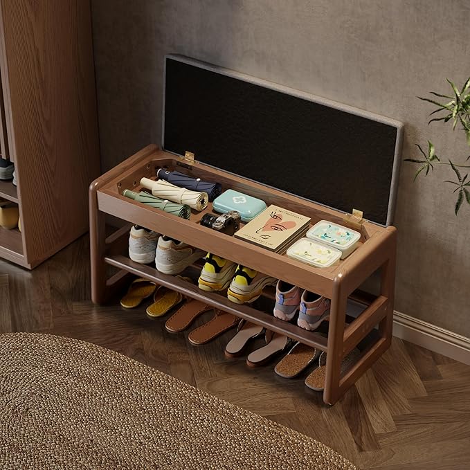 AQIMUELE Shoe Rack Bench,2 Tiers Shoe Bench with Storage with Flip-Top,Wood Shoe Rack for Entryway,Hallway（Walnut Upholstered Seat,11.8" D x 31.5" W x 15.7" H）