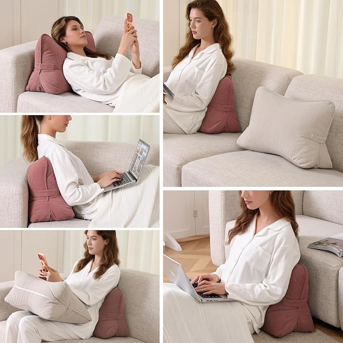 Pat. Pend. Corduroy Back Pillow for Sitting Up & Reading, Ergonomic Triangle Lumbar Support Cushion for Sofa, Armchair & Bed, Removable Cover, Brick Brown