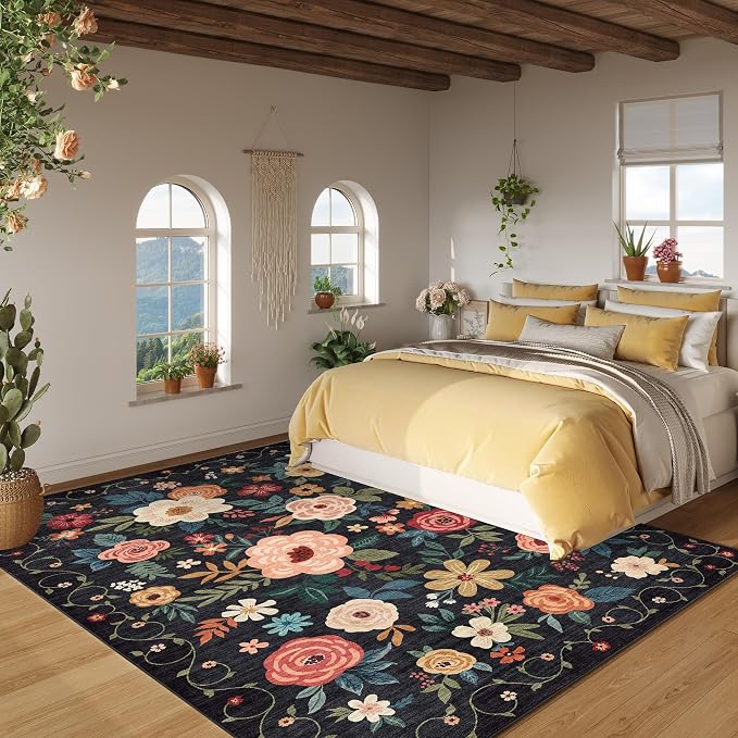 DUKINO 6x9 Area Rug, Floral Rugs for Living Room, Lightweight Non Slip Washable Indoor Low Pile & Non-Shedding Boho Design Carpet for Bedroom, Living Room, Dining Room, Black