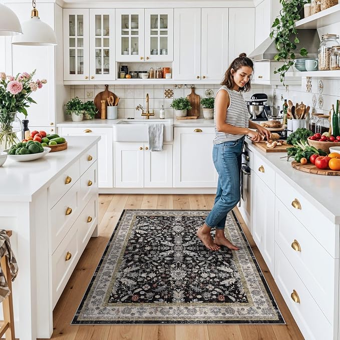4x5 Kitchen Rug Washable Non-Slip – Soft Low Pile Indoor Carpet for Entryway Bathroom Living Room Bedroom – Boho Floral Small Throw Area Rug (Black,4x5)