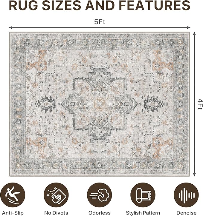 48"x60" Office Chair Mat for Hardwood Tile Floor, Under Desk Carpet Protector for Rolling Computer Chair Mat, Machine Washable Area Rug, Anti-Slip 1/5" Thick Low Pile Thin Vinyl Floor Mat, Taupe