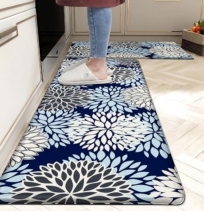 Kitchen Mats Set of 2 Cushioned Anti Fatigue Kitchen Rugs Non Slip Waterproof Kitchen Runner Memory Foam Kitchen Floor Mat Comfort Standing Mat for Sink,Office,Laundry, Navy Blue