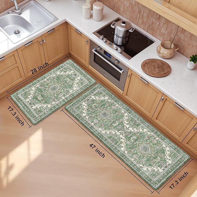 Boho Kitchen Mats for Floor 2 Piece Set Anti Fatigue Cushioned PVC Kitchen Rugs Non Slip Waterproof Farmhouse Mats 2/5 Inch Comfort Standing Mat for Sink, Laundry, 17.3"x47"+17.3"x28", Spring Green