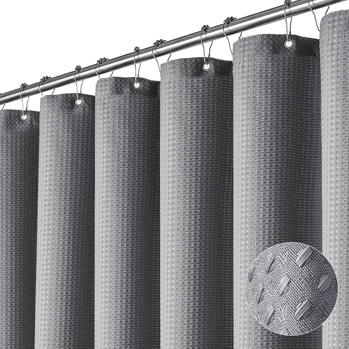 Dynamene Long Fabric Shower Curtain - Waffle Textured Tall Heavy Duty Cloth Shower Curtains for Bathroom, 256GSM Large Hotel Spa Luxury Bath Curtain Set with 12 Plastic Hooks(72Wx80H, Grey/Gray)