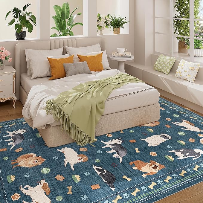 DUKINO 6x9 Rug for Living Room, Lightweight Animal Dog Print Washable Area Rug, Soft Non Slip & Low Pile Floor Mat, Stain Resistant Large Carpet for Bedroom, Nursery, Dining Room, Kids Playroom, Blue