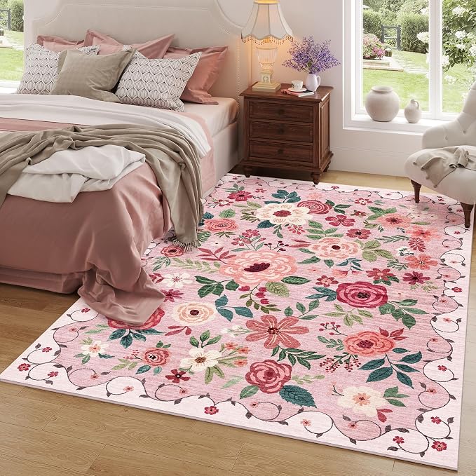 DUKINO 3x5 Area Rug, Floral Rugs for Living Room, Lightweight Non Slip Washable Rug, Indoor Low Pile & Non-Shedding Boho Design Rugs for Bedroom, Living Room, Dining Room, Pink