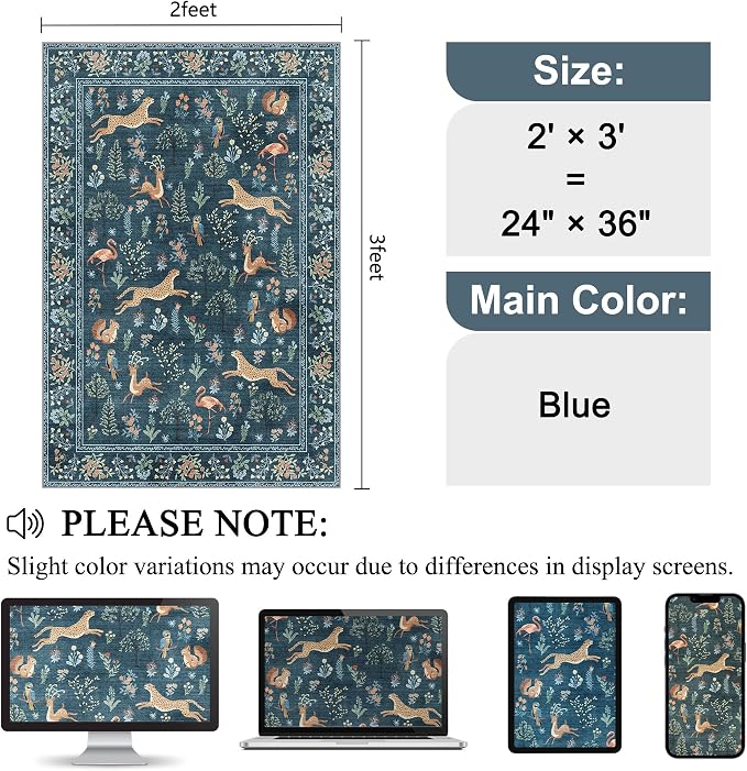 DUKINO 2x3 Rug, Washable Animal Rugs for Entryway, Non Slip Indoor Door Mat, Soft Low Pile Small Area Carpet for Entrance, Bedroom, Kitchen, Laundry, Bathroom, Blue