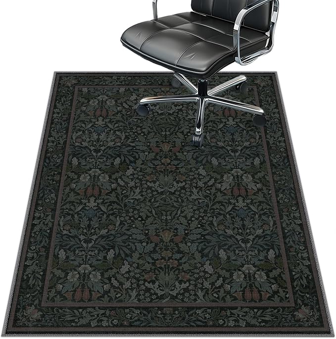48"x60" Office Chair Mat for Hardwood Tile Floor, Under Desk Carpet Protector for Rolling Computer Chair Mat, Machine Washable Area Rug, Anti-Slip 1/5" Thick Low Pile Thin Vinyl Floor Mat, Dark Green