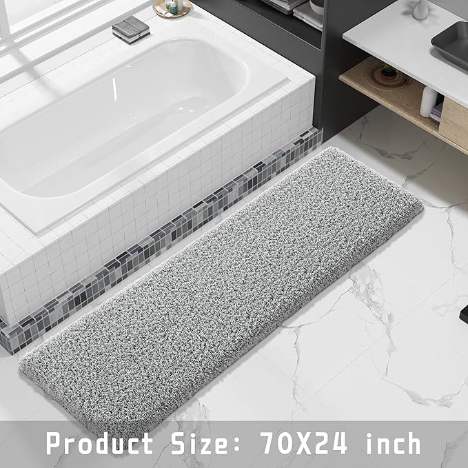 Yimobra Fluffy Plush Bath Rug, Super Shaggy Soft Comfortable Non Slip, Water Absorbent Microfiber Bath Mat, Dries Quickly, Machine Washable Thick Bathroom Rugs for Shower, 70" X 24", Pure Gray