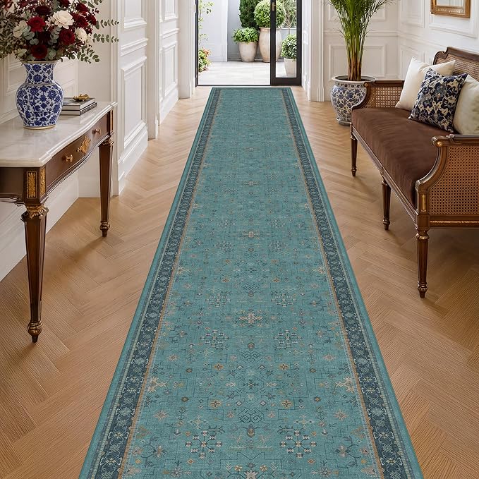 Hazo Haus Boho 3x20 Extra Long Hallway Runner Rug - Non Slip Waterproof Kitchen Floor Mat - Modern Teal Green Eclectic Floral Design Décor