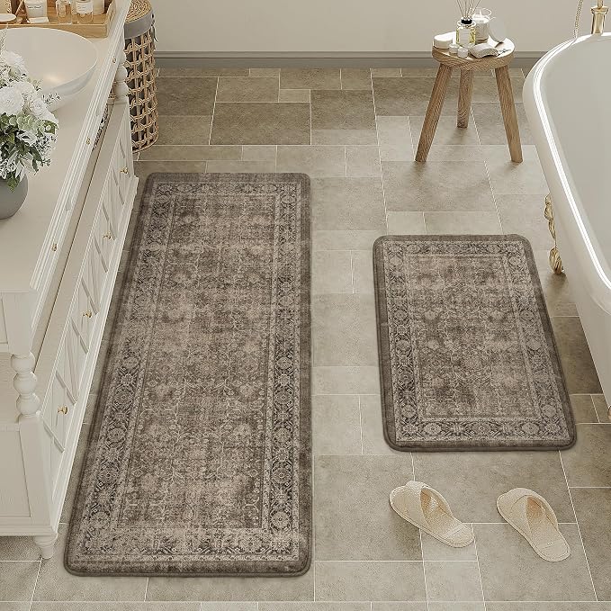 PureCozy Kitchen Mats 2PCS Anti Fatigue Cushioned Mat Brown Vintage Kitchen Mats for Floor Waterproof Non Slip Comfort Standing Distressed Rug for Sink Laundry Office 17.3"x47"+17.3"x30"