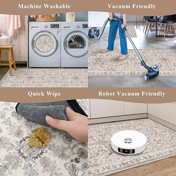 3x4 Entryway Rug Washable Non-Slip–Boho Floral Stain-Resistant Small Area Rug for Kitchen Bedroom Bathroom – Soft Low-Pile Thin Indoor Door Mat (Beige,3x4)