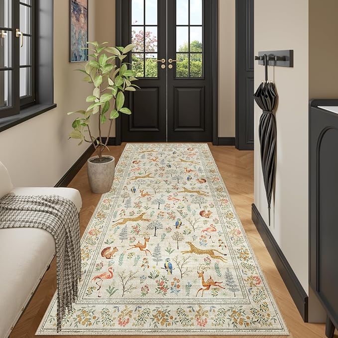 DUKINO 3x8 Washable Runner Rug, Low Pile Animal Print Non Slip Long Runner Rug for Kitchen, Lightweight & Non Shedding Indoor Carpet for Hallway, Kitchen, Entryway, Bathroom, Laundry, Beige