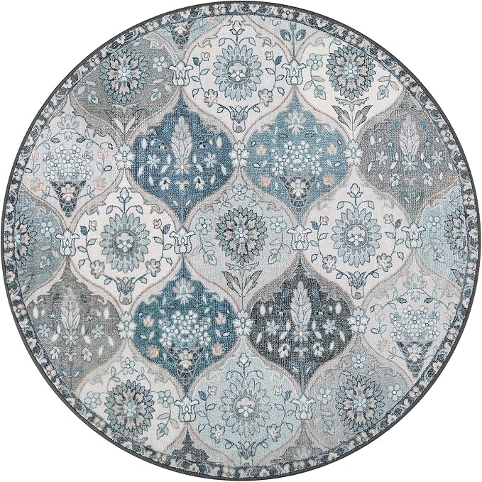 Lahome Moroccan Washable Round Rug, Soft Vintage Small Round Rug 3ft Non-Slip, Ultra-Thin Distress Circle Carpet for Entryway Bathroom Bedroom Kitchen Elise, Blue