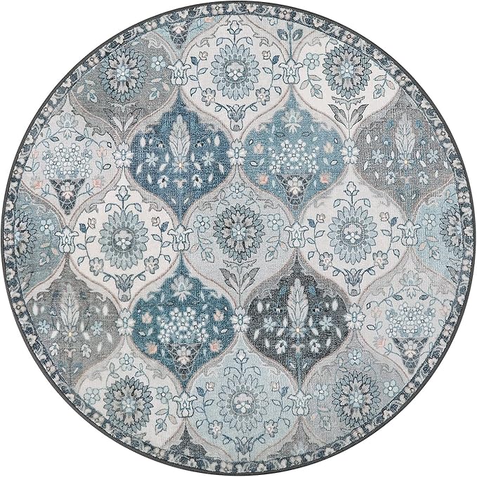 Lahome Moroccan Washable Round Rugs for Entryway, Soft Vintage Round Rug 4ft Ultra-Thin, Non-Slip Small Distressed Circle Carpet for Dining Room Bedroom Bathroom Nursery Elise, Blue