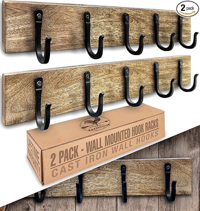 Cast Iron Spike Hooks (10 Hooks) Mounted on Two Natural Hardwood Boards (2 Pack) Decorative, Farmhouse Vintage Entry Hooks for Hanging Coats, Bags, Hats, etc (Black Hooks)
