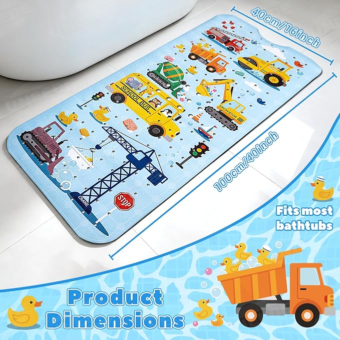 UNEEDE Baby Bathtub Mat Non Slip with 200 Suction Cups & 176 Drain Holes, 40''x16'' Quick Dry Bath Mat, Machine Washable Shower Mat for Toddlers & Kids, Vehicles Pattern