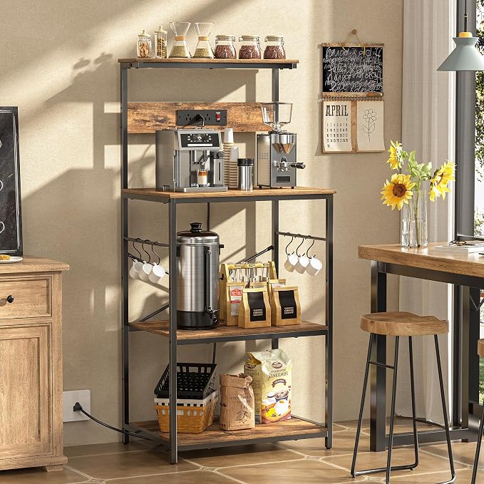 VUSIGN Kitchen Bakers Rack with Power Outlet, 4 Tiers Microwave Stand with Storage, 23.6 Inch Coffee Bar Station with 6 S Hooks, Adjustable Shelf Rack for Pots/Pans/Spices, Rustic Brown
