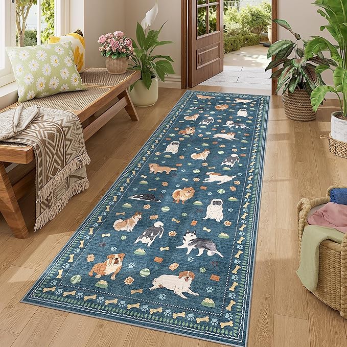DUKINO 2x6 Washable Runner Rug for Hallway, Non Slip Animal Dog Kitchen Rug with Low Pile Design, Ultra Soft & Stain Resistant Indoor Carpert Runner for Entryway, Bedroom, Laundry, Bathroom, Blue