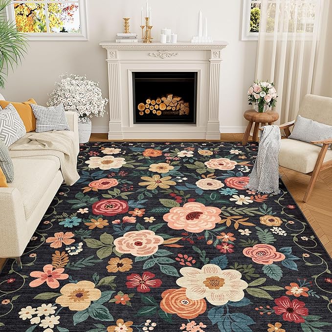 DUKINO Washable 5x8 Area Rug for Living Room, Lightweight Non Slip Floral Bedroom Rug with Non Shedding Design, Soft Low Pile Large Indoor Carpet for Dining Room, Kids Playroom, Nursery, Office, Black