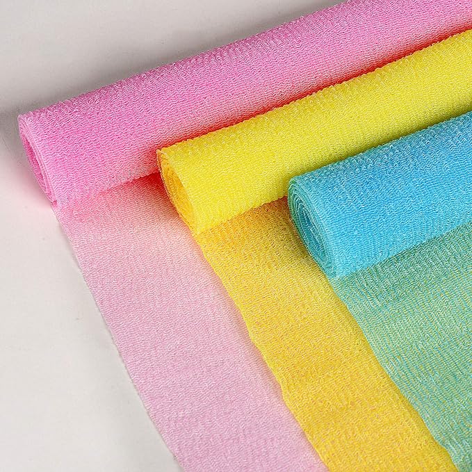 ARCH&M 35-Inch Exfoliating Back Scrubber (3 Pack), Japanese Nylon Beauty Washcloth for Shower, Korean Body Towel for Deep Exfoliation, Removes Dead Skin, Off-White