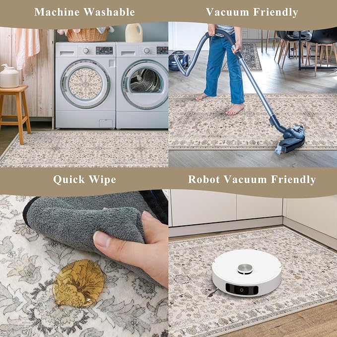 5x5 Square Washable Rug for Living Room: Non Slip Indoor Entryway Foot Carpet for Kitchen, Boho Soft Beige 5ftx5ft Low Pile Neutral Area Rug for Dining Room Bathroom (Beige, 5x5)