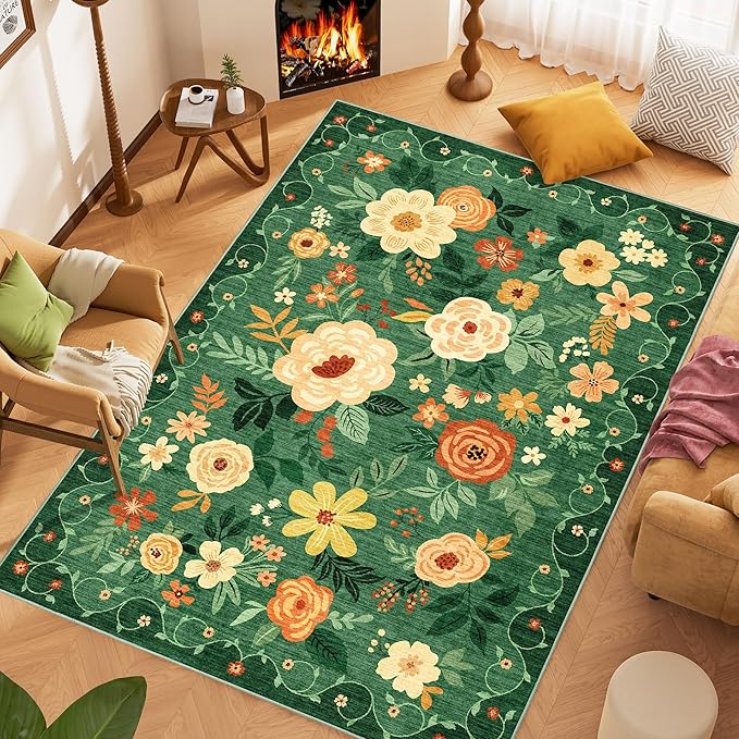 DUKINO 6x9 Area Rug, Floral Rugs for Living Room, Lightweight Non Slip Washable Rug, Indoor Low Pile & Non-Shedding Boho Design Rugs for Bedroom, Living Room, Dining Room, Dark Green