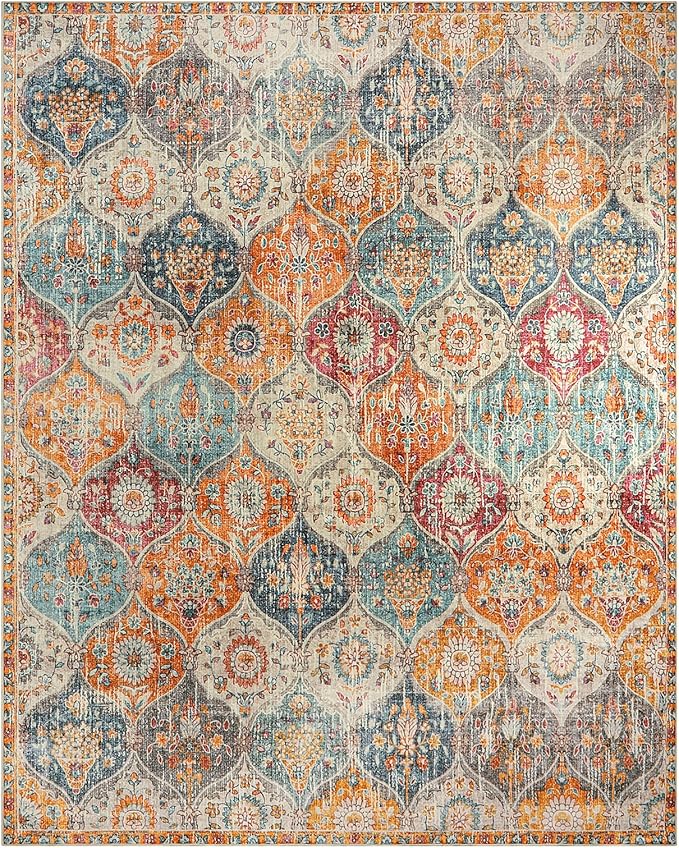Lahome Moroccan Washable Area Rugs 9x12 Living Room, Soft 9x12 Area Rug for Bedroom, Oriental Non-Slip Non Shedding Throw Large Carpet for Dining Room Office Elise, Cream/Multi
