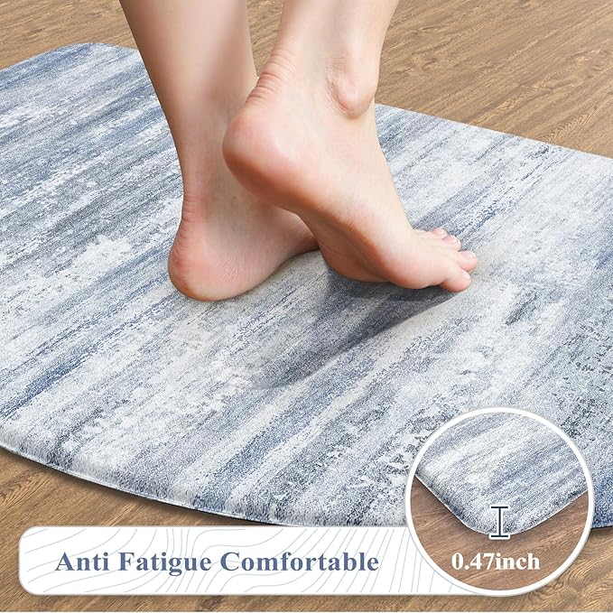 KIMODE Anti Fatigue Mats for Kitchen Floor 18"x28", Farmhouse Half Circle Kitchen Rug, Cushioned Kitchen Floor Mat Non Skid, Memory Foam Kitchen Mat for Laundry Office Sink Desk Blue