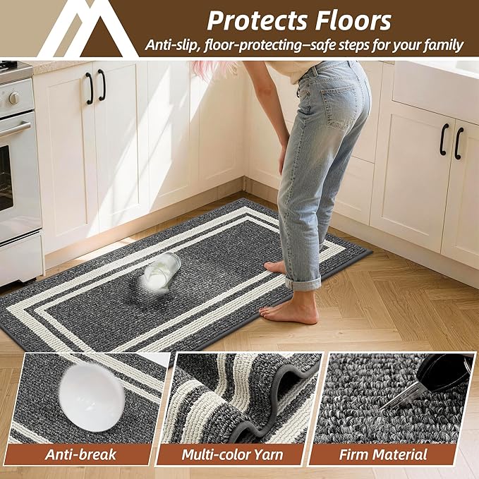 COSY HOMEER Kitchen Rugs Non-Slip 20x30/20x48 Inch Thick Polypropylene Standing Mat for Home Machine Washable, Black Frame