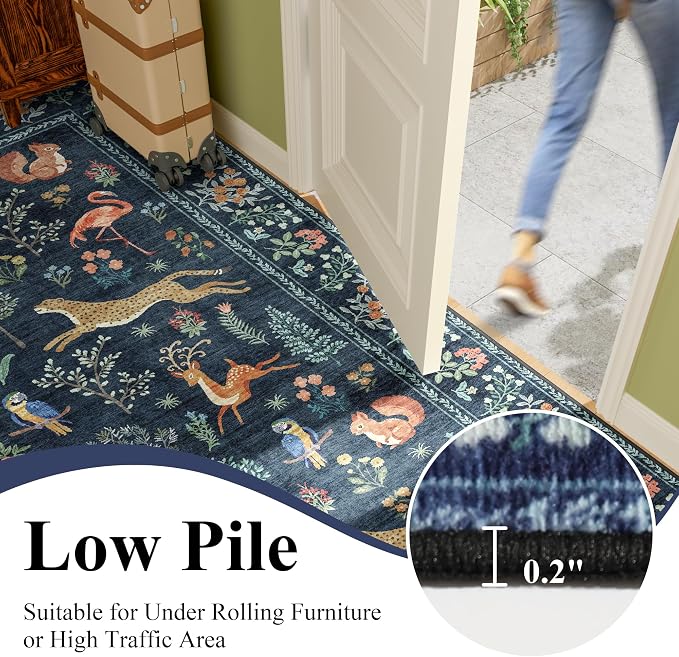DUKINO 2x5 Rug for Hallway, Washable Kitchen Runner Rug with Non Slip Backing, Soft Low Pile Vintage Animal Runner for Bedroom, Kitchen, Hallway, Entryway, Laundry, Navy Blue
