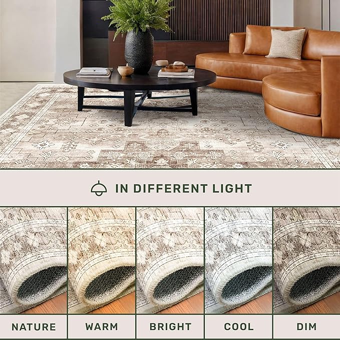 Hazo Haus Boho Washable 3x10 Hallway Runner Rug, Beige Waterproof Large Kitchen Floor Rug Indoor, Non-Slip Stain & Fade Resistant, Vintage Floral Décor (3x10 Beige/Latte)