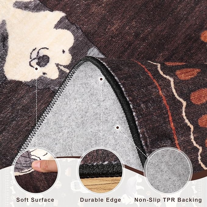 DUKINO 2x10 Runner Rug for Hallway, Washable Animal Dog Print Kitchen Rug with Low Pile, Soft Non Slip Indoor Non Shedding Long Carpet Runner for Entryway, Bedroom, Bathroom, Laundry, Brown