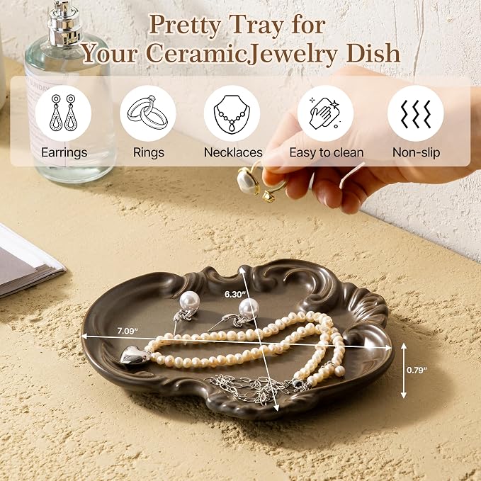 LYEOBOH Jewelry Dish Tray, Ceramic Jewelry Dish, Key Bowl, Decorative Plate, Gifts for Women Best Friend Sister, Retro, Vintage, on Mother's Day, Valentine's Day Christmas, Wedding Gifts, Brown