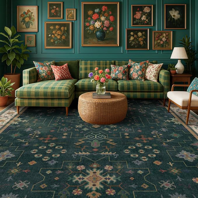 Hazo Haus Vintage 8x12 Large Area Rugs for Living Room - Oriental Dark Green Rug for Bedroom Under Bed, Washable Soft Dining Room Rug Under Kitchen Table, Low Pile Non Slip Unique Indoor Décor