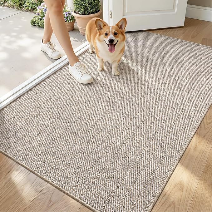 LUMI Ultra Thin Indoor Door Mat for Entrance 36"x56", Non Slip Entryway Mat, Low Profile Doormat, Unique Herringbone Design Carpet for Inside, Patio, Porch, Beige