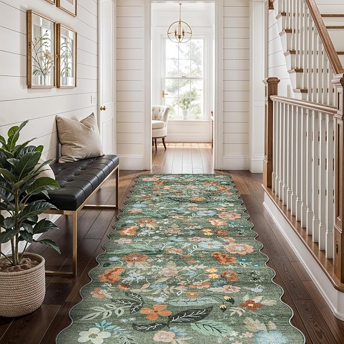 Washable 2x8 Hallway Runner Rug: Water-Resistant Kitchen Rug Soft Bedroom Carpet Non-Slip Indoor Hardwood Floor Mat for Entryway Bathroom Dining Room Boho Decorative Home Decor(2x8, Floral/Green)