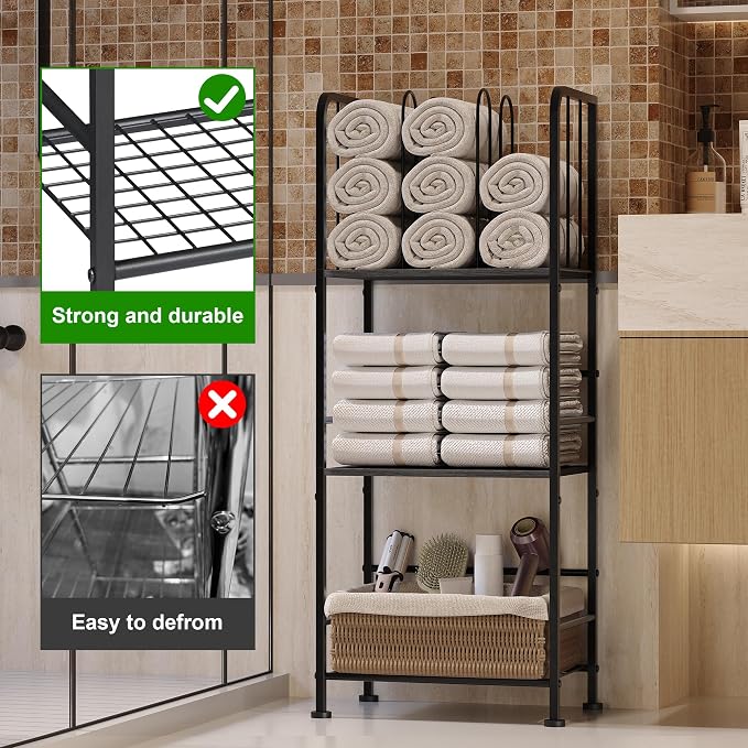 Towel Rack Free Standing 3-Tier M-Shaped Detachable Dividers, Durable Metal Holder, Pool Towel Rack, Space-Saving Towel Storage Organizer, Modern Bath Towel Shelf for Home, Poolside, Black