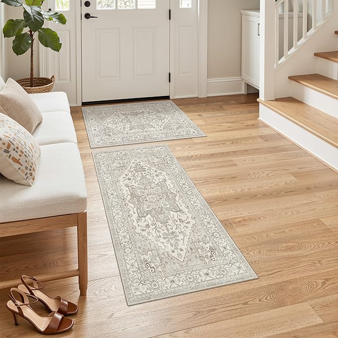 Madane 2-Piece Kitchen Runner Rug Set, Small Area Rug Non-Slip Vintage Door Mat Indoor Entrance, Low Pile Floor Carpet for Inside Front Door Bedroom Entryway Entry Laundry (2x3+2x4, Beige/Brown)