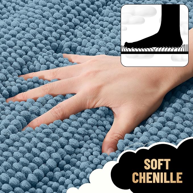 OLANLY Thick Large Bathroom Rugs 45x27, Extra Soft Absorbent Chenille Striped Bath Rugs, Rubber Backing, Machine Wash, Bath Mats for Bathroom Floor, Tub and Shower, Home Decor Accessories, Airy Blue