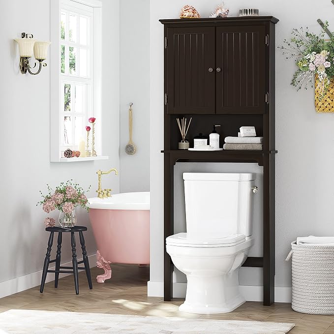 UTEX Above The Toilet Storage Cabinet, Over Toilet Bathroom Organizer with Adjustable Shelves and Double Doors, Espresso