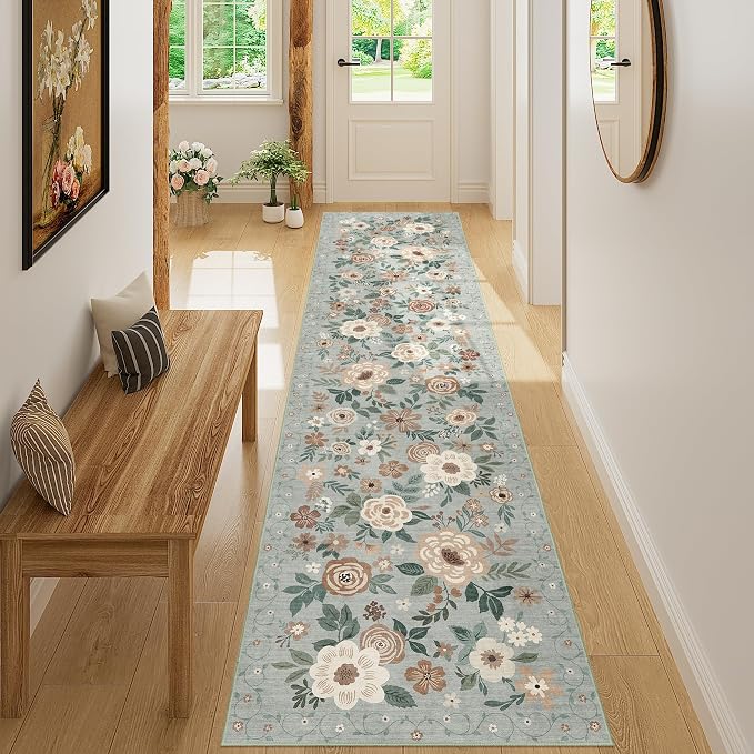DUKINO 2x8 Runner Rug for Hallway, Washable Kitchen Runner Rug with Rubber Backing Non Slip, Low Pile Soft Boho Floral Thin Carpet for Entryway, Hallway, Bathroom, Laundry Room, Sage Green