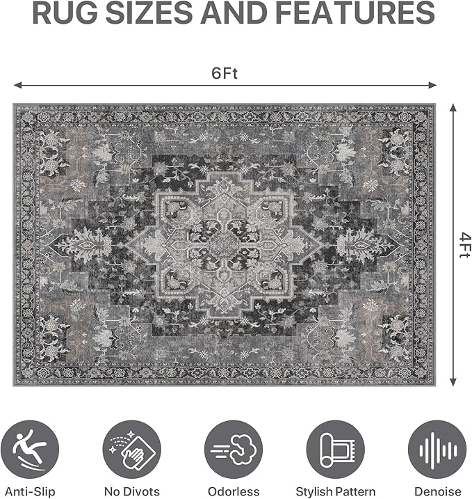 48"x72" Office Chair Mat for Hardwood Tile Floor, Under Desk Carpet Protector for Rolling Computer Chair Mat, Machine Washable Area Rug, Anti-Slip 1/5" Thick Low Pile Thin Vinyl Floor Mat, Black