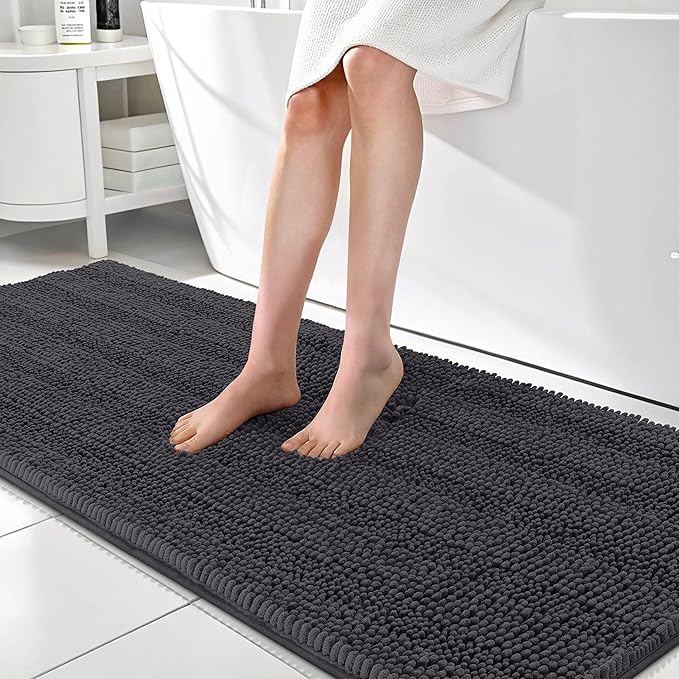 OLANLY Thick Bathroom Runner Rugs 70x24, Absorbent Chenille Striped Bath Rugs, Rubber Backing, Machine Wash, Extra Long Bath Mats for Bathroom Floor, Tub and Shower, Home Decor Accessories, Dark Grey