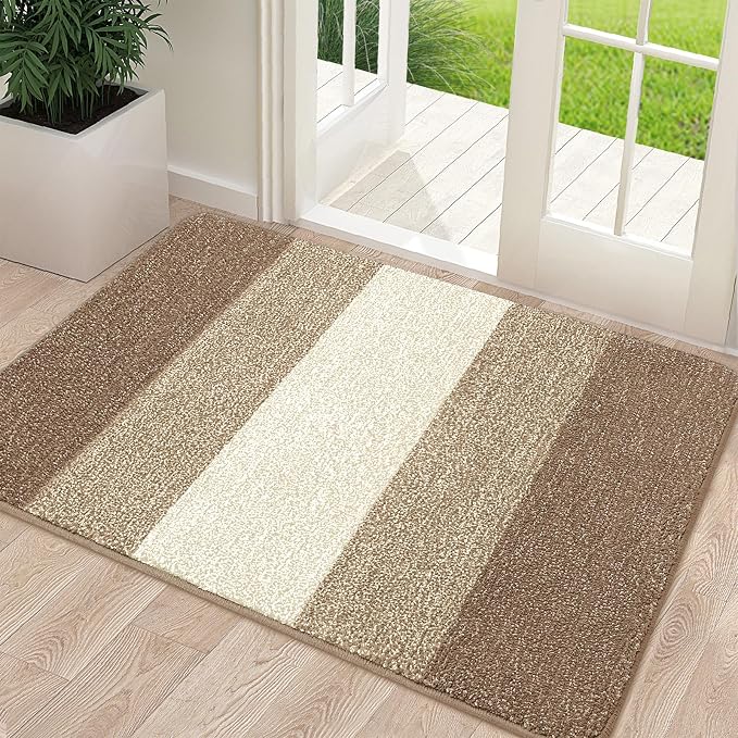 Kitinjoy Indoor Outdoor Door Mat, 48x30 Non-Slip Absorbent Dirt Trapper, Low-Profile Washable Inside Entrance Front Floor Mat, Sturdy Soft Entry Doormats for Entryway, Khaki