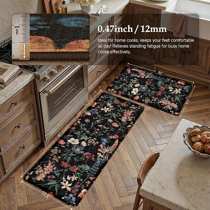 PureCozy Kitchen Mats 2PCS Anti Fatigue Cushioned Mat Non Slip Floral Boho Kitchen Mats for Floor Waterproof Comfort Standing Black Rug for Sink Laundry Office Desk 17.3"x47"+17.3"x30"