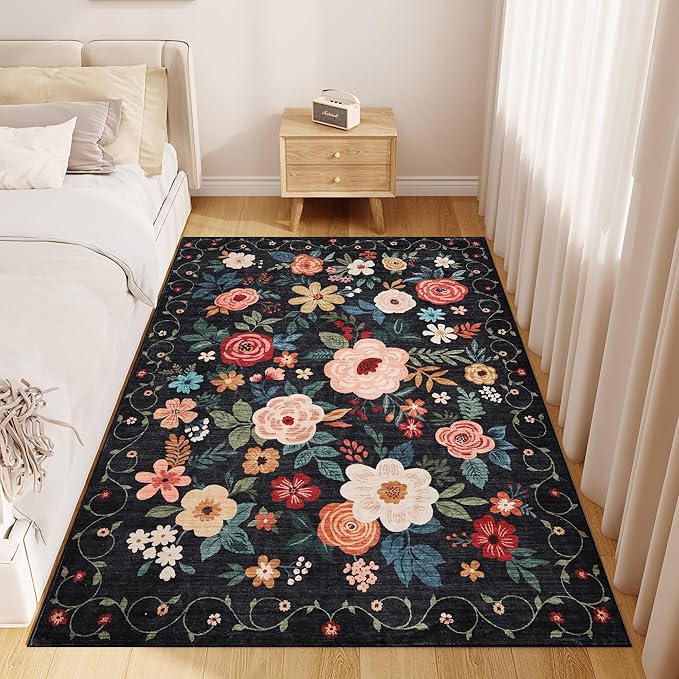 DUKINO 4x6 Feet Office Chair Mat, Lightweight Non Slip Washable Floral Area Rug, Indoor Low Pile & Non-Shedding Boho Design Rugs for Bedroom, Living Room, Dining Room, Black