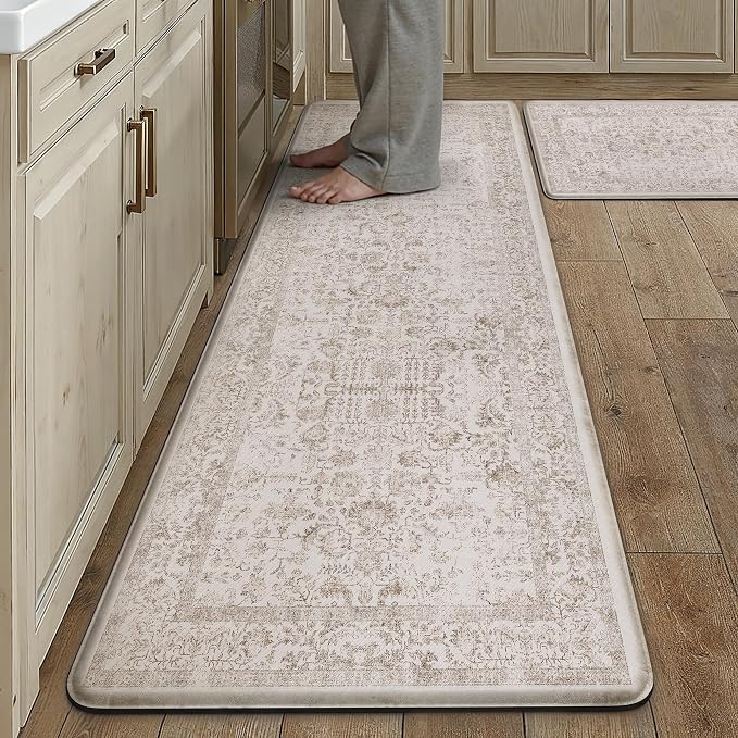 PureCozy Kitchen Mats 2PCS Anti Fatigue Cushioned Mat Light Brown Vintage Kitchen Mats for Floor Waterproof Non Slip Comfort Standing Retro Floral Rug for Sink Laundry Office 17.3"x59"+17.3"x30"